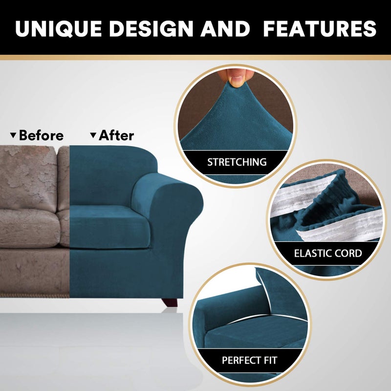 PrinceDeco Velvet Plush Couch Cover Stretch 2 Piece Chair Cover Chair Slipcover Washable Furniture Protector Couch Soft with Elastic Bottom Armchair Cover Width Up to 49 Inch(Small, Deep Teal) - Image 3